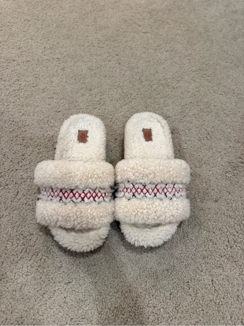 UGG Cream Sherpa Slide Slippers with Red Accent Stitching